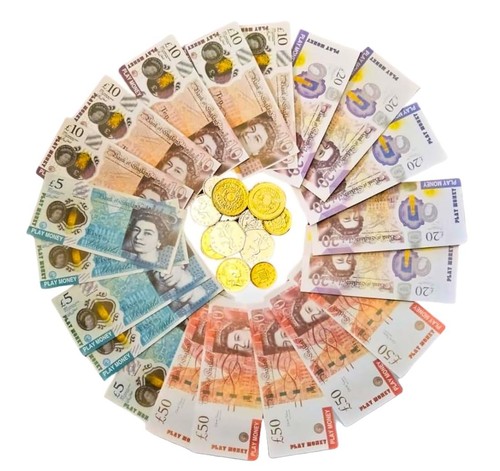 Play money notes and - uk, coins